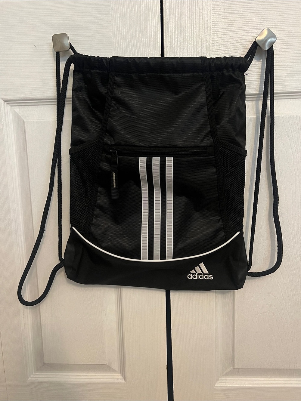 adidas Black Drawstring Duffel Sack with White Stripe Accents